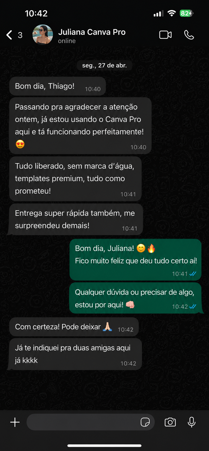 Cliente Juliana elogiando o Canva Pro no WhatsApp