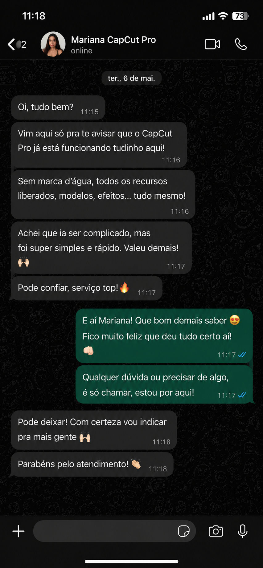 Cliente Mariana elogiando o CapCut Pro no WhatsApp