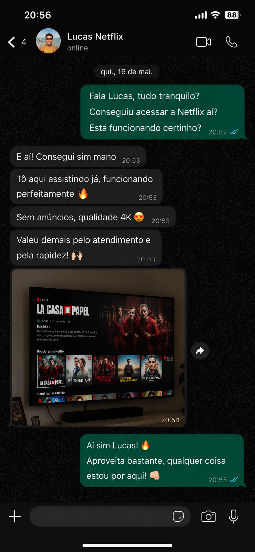 Cliente Lucas elogiando a Netflix Premium no WhatsApp